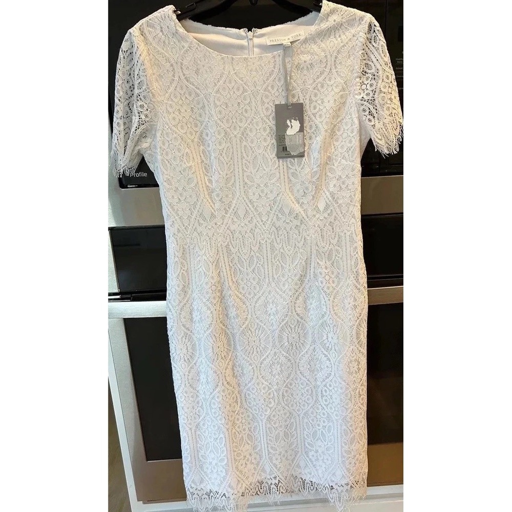 New White lace Dress 6 Midi fringe Bachelorette Feminine Romantic Sheath NWT